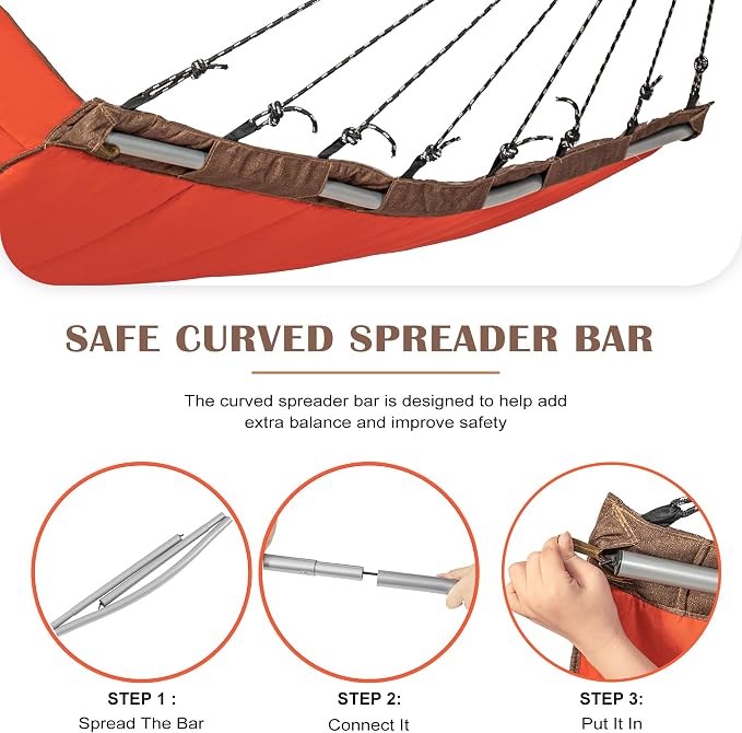Lazy Daze Hammocks 12 FT Quilted Fabric Hammock with Curved Aluminium Spreader Bar, Outside Double Thickened Hammock with Soft Pillow, Side Pocket 450 Lbs Capacity for Patio, Poolside, Red