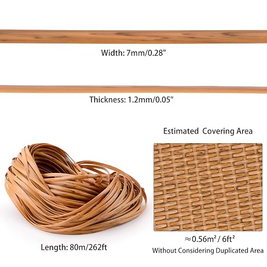 Feyart 7mm 80m/262ft Light Wood Grain PE Rattan Strip for Outdoor Rattan Furniture Repair, Plastic Wicker for Patio Furniture Restore