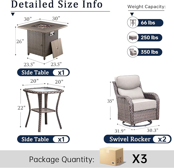 Luxury 7 Piece Wicker Patio Furniture Set with Swivel Rocker and 30“Fire Pit Table - Brown