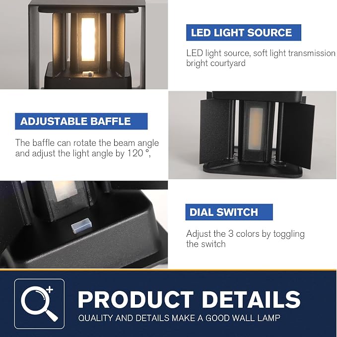 2 Pack LED 20W Outdoor Wall Lights Exterior/Interior 3 Colors Adjustable Wall Sconce Up and Down Light Porch Lights IP65 Waterproof Exterior Wall Sconce Modern Outdoor Lighting Square Aluminum Black