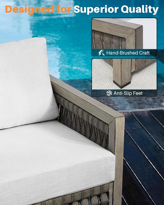 Patio Sofa Chair, Never Rusts Aluminum Outdoor Armchair with Washable Cushions, Rope Weave Outdoor Sofa Chair Patio Sofa Armchair, Deep Seating Patio Furniture for Garden, Porch, Gray Oak