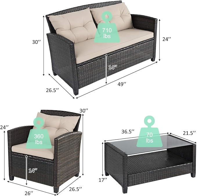 Tangkula 4-Piece Outdoor Rattan Furniture Set, PE Rattan Wicker Sectional Sofa with Loveseat Chair & Glass Table, Patio Cushioned Conversation Sets for Backyard Porch Garden Poolside (1, Brown)