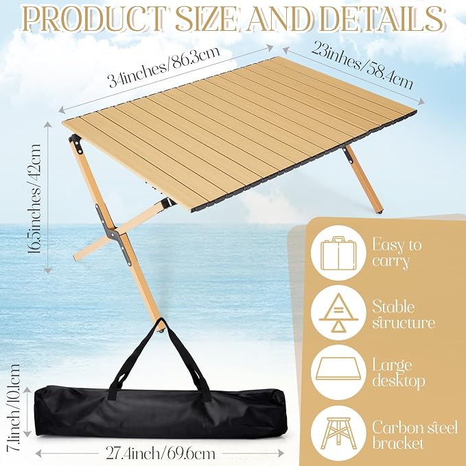 Wesiti 2 Pcs Low Picnic Table Foldable Lightweight Picnic Table Set 34" x 23" with Extra Large Outdoor Camping Blanket Sandproof Boho Beach Woven Cotton Yarn Blanket for Camping Beach Patio