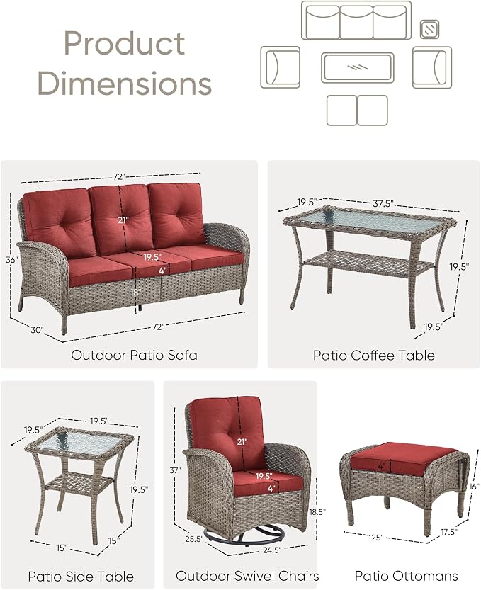 7 Pieces Outdoor Patio Furniture-Swivel Patio Chairs Set of 2 Outdoor Wicker Rattan Sofa Couch with Ottoman Outdoor Conversation Set for Deck Porch Garden Balcony Poolside-Grey/Red