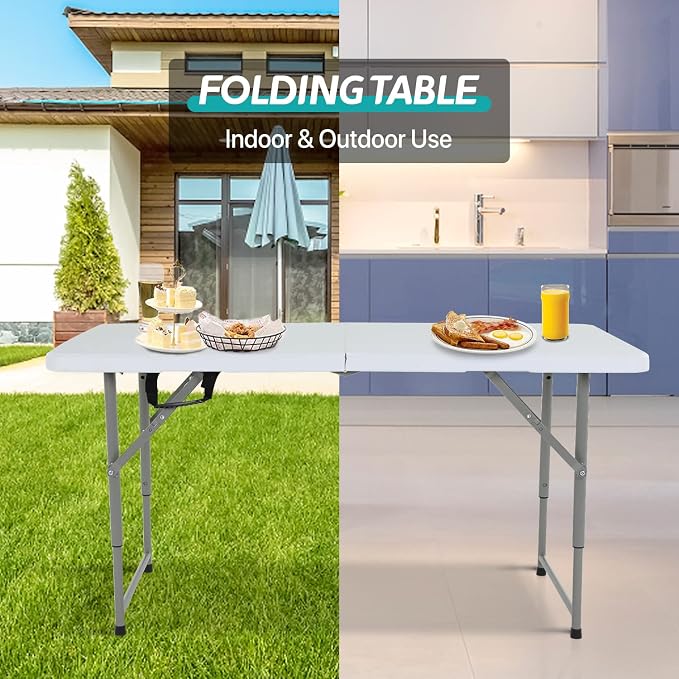 Dkeli Folding Table 4 ft | Portable Plastic Picnic Table | Adjustable Height Heavy Duty Dining Folding Table for Indoor Outdoor Camping, Party | Fold in Half with Handle and Steel Legs - White