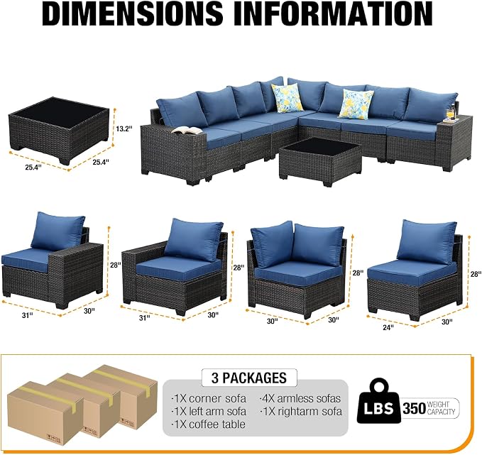JOYURE 8 Pieces Patio Furniture Set All-Weather Outdoor Wicker Sectional Conversation Sofa Rattan Patio Seating Sofa with Cushion and Glass Table for Porch Poolside,Navy