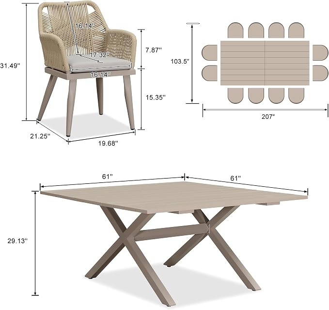 PURPLE LEAF 14 Pieces Outdoor Patio Dining Set All-Weather PE Rattan Furniture Set with All Aluminum Frame Rectangular Table and Chairs Set for 12 People Lawn Garden Backyard Deck, Champagne
