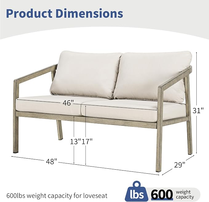 Outdoor Patio Loveseat Sofa, Aluminum 2-Seater Conversation Set with Washable Thick Cushions, Never-Rust Modern Garden Couch Bench for Porch, Poolside, Backyard (Grey+Beige)