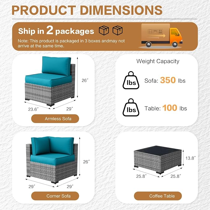 MOCHITO 5 Pcs Outdoor Patio Furniture Sets Grey Rattan Turk Blue Cushions | All-Weather Sectional Sofa, with Glass Table, PE Rattan Wicker Patio Furniture , Washable Cushions, for Balcony Porch Garden