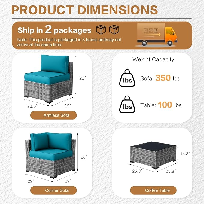MOCHITO 7 Pcs Outdoor Patio Furniture Sets Grey Rattan Turk Blue Cushions | All-Weather Sectional Sofa, with Glass Table, PE Rattan Wicker Patio Furniture , Washable Cushions, for Balcony Porch Garden