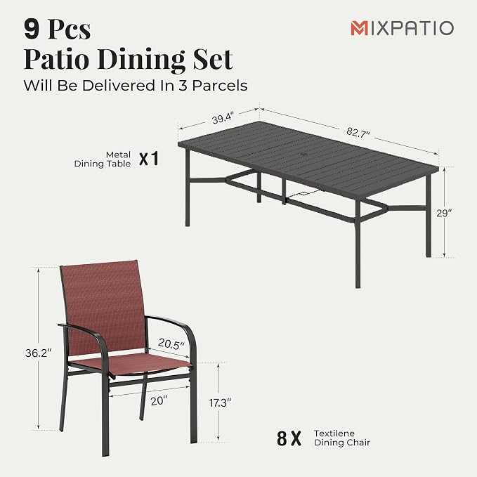 MIXPATIO 9 Pieces Patio Table and Chairs Set, Patio Dining Set for 8, Red Textilene Chairs and 83” Rectangular Patio Dining Table with Umbrella Hole, for Deck Backyard Lawn Poolside