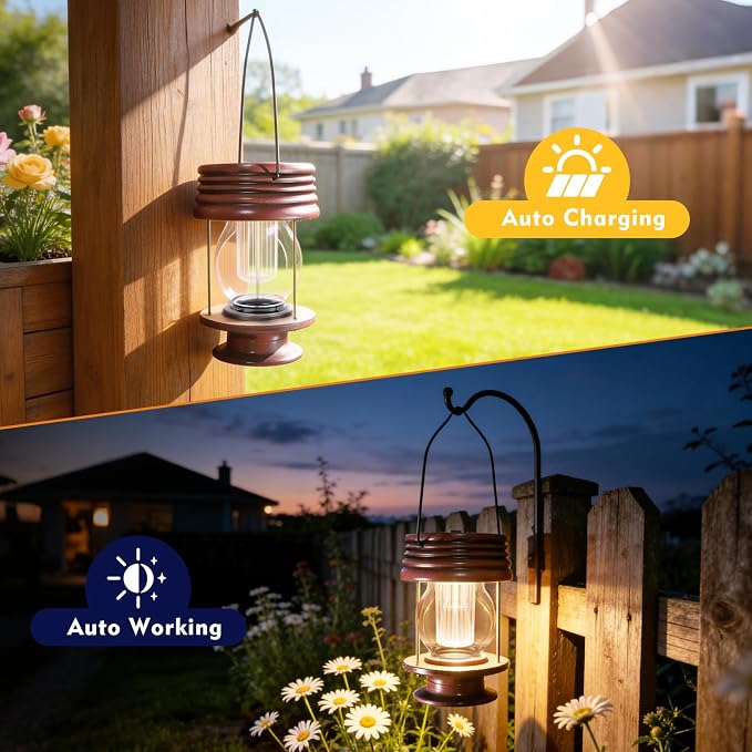 Solar Lanterns Outdoor Patio Decor, 2 Pack Large Hanging Solar Lights Waterproof, 30LM Bright Retro Decorative Table Lamps with Warm Glow for Porch, Yard, Garden, Pathway & Backyard Decoration