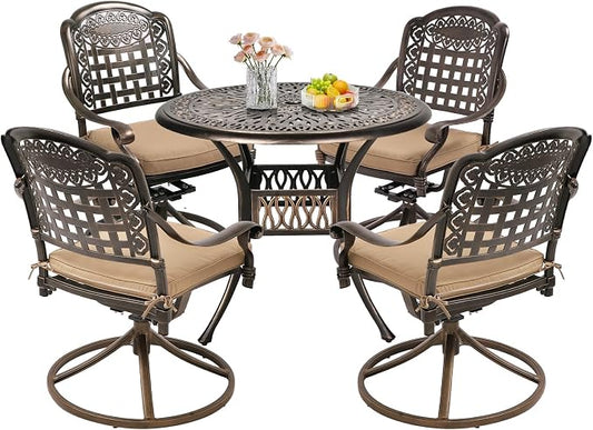 TITIMO 5-Piece Cast Aluminum Outdoor Patio Dining Set, 4 Pattern Chairs and Table,Cast Aluminum Conversation Set with 2.2” Umbrella Hole (Mesh Back Khaki Cushion, 1 Round Table + 4 Swivel Chairs)