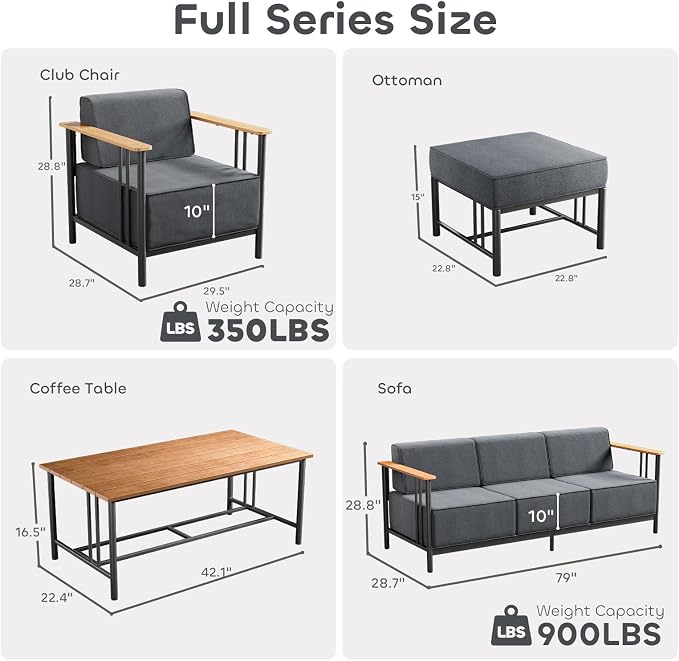 Luxury Patio Furniture Set with 10" Extra Thick Cushions, 8 PCS Outdoor Furniture Set with Patio Chairs & Couch & Coffee Table, Suitable for Porch, Balcony, Deck, Yard, Poolside, Black/Grey