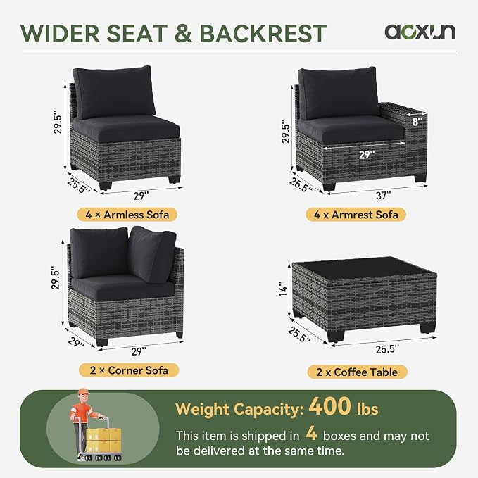 Aoxun Patio Furniture Set, 12 Pcs Outdoor Patio Furniture Sets with 4 in Thicken Cushion and Coffee Table, Widen Armrests Wicker Outdoor Sectional for Backyard and Garden, Black