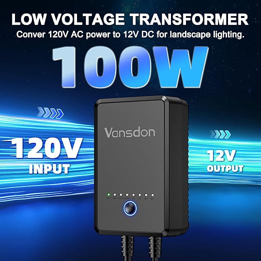Vansdon 100W Low Voltage Landscape Transformer,Weatherproof Landscape Light Transformer, 120V AC to 12V DC, Outdoor Lighting Transformers with Timer and Photocell Sensor for Pathway Lights