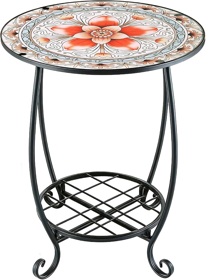 Arbuxzuy 12 Inch Small Outdoor Side Table with Colorful Flowers, Glass Mosaic Patio Table Indoor, Round Plant Coffee Table for Living Room, Balcony, Garden（Pink Flowers Style）