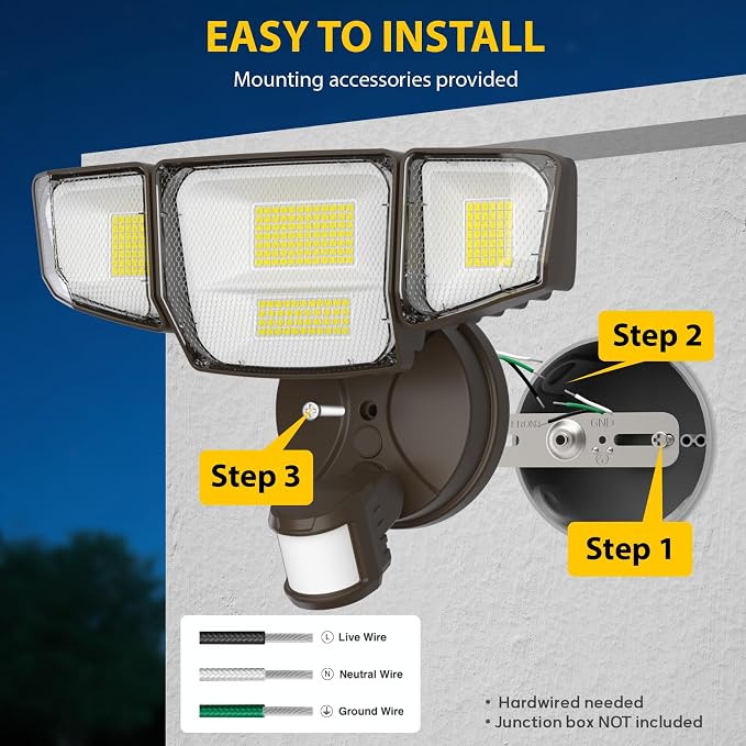 90W Motion Sensor Outdoor Lights, 10000LM LED Flood Light Outdoor with 4 Adjustable Heads, 6500K Daylight, Dusk to Dawn, IP65 Waterproof Security Light for Garage, Yard, Porch, Front Door