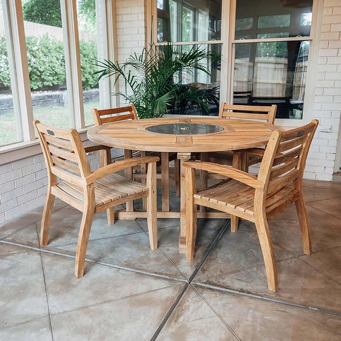 Ash & Ember Grade A Teak 59" Round Dining Table with Granite Lazy Susan, Turntable Rotating Tray Serving Plate, Slatted Surface with Umbrella Hole, Fits 4 People Comfortably, Weather-Resistant