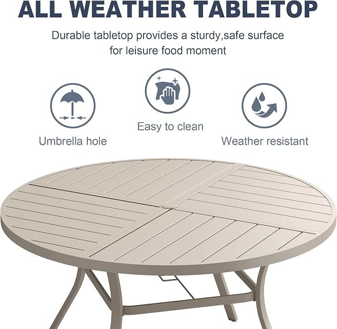 VICLLAX 50" Round Patio Dining Table for 6, All Weather Metal Outdoor Table with 1.57" Umbrella Hole and Surdy Frame for Garden Lawn Deck, Sandshell