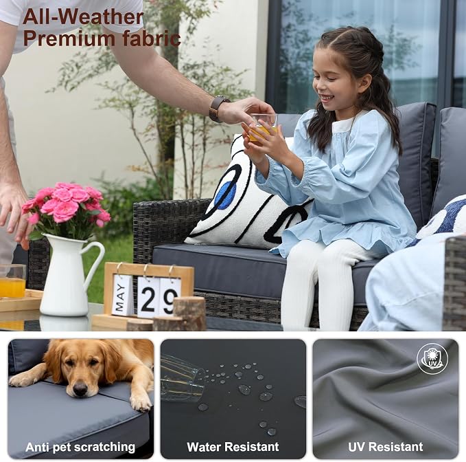 JOYURE 4-Piece Patio Furniture Set,Outdoor Wicker Patio Conversation Set with Tempered Glass Table,All-Weather Rattan Sectional Loveseat&Chairs with Thick Cushions for Garden,Deck,Backyard-Grey