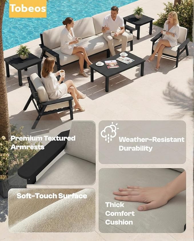 HDPE Patio Furniture Set 8 Seats, Outdoor Couch with Washable Thick Beige Cushions & Side Table, Outdoor Sectional Furniture for Backyard, Deck, Lawn, Porch (Black Frame)