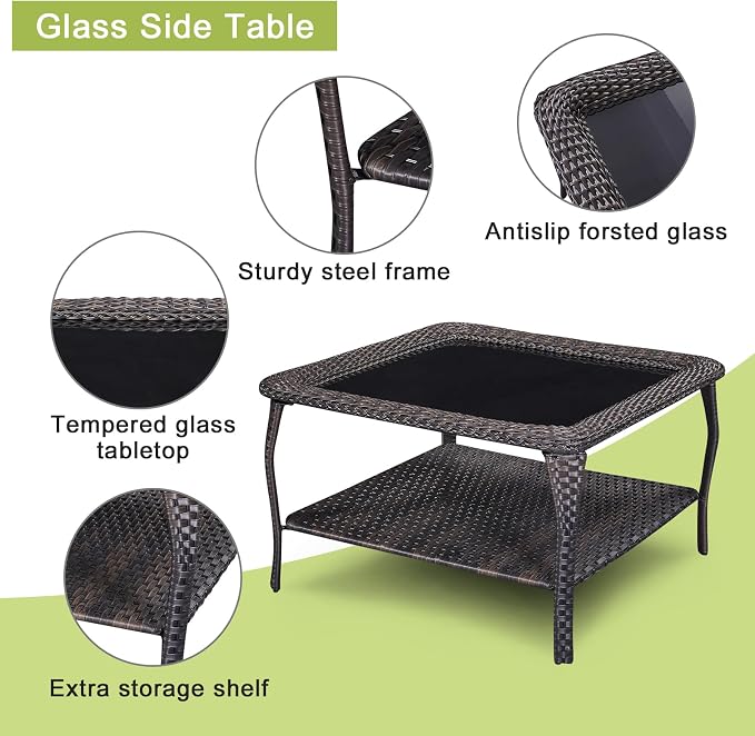 Patio Table Outdoor Coffee Tables - Rattan Wicker Coffee Table with Glass Top and 2-Tier Storage Shelf Square for Outdoor Patio Porch Deck Balcony Garden(Brown/Glass Top)