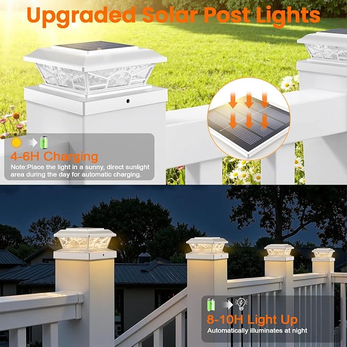 4x4 3.5x3.5 Solar Post Cap Lights 12-Pack White | 2 Modes (Warm/Cool White), 16LEDs, for Wooden/Vinyl Posts, IP65 Waterproof, Outdoor, for Fence, Deck, Patio, Yard, Porch