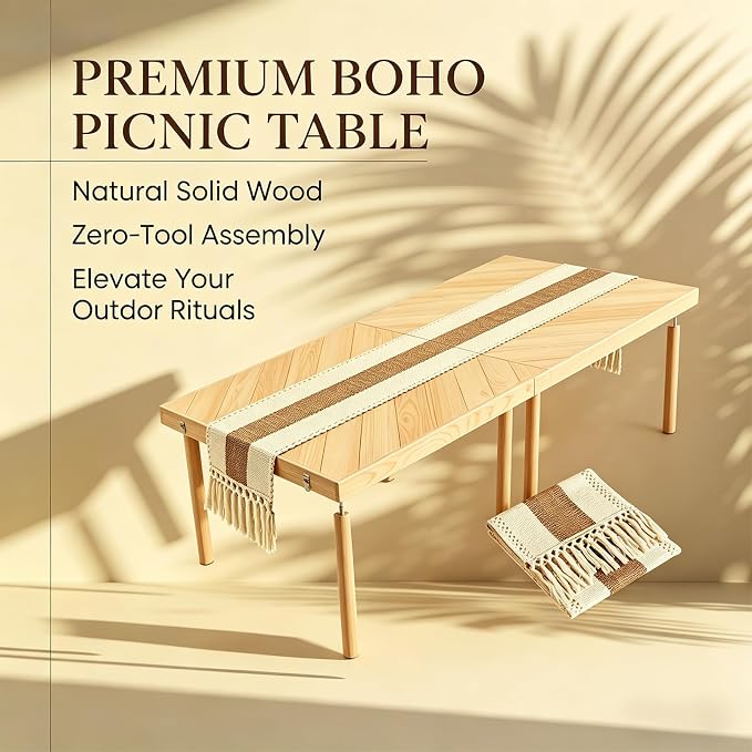 60" x 30" Foldable Wooden Picnic Table, Natural Solid Wood Table | Portable with Carry Handle, Tool-Free Assembly, For Beach, Camping, Living Room, Includes Table Runner
