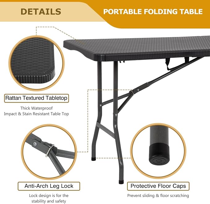 6FT Folding Table, Heavy Duty Plastic Table Portable Fold-in-Half Utility Table Indoor Outdoor Picnic Table w/Handle & Lock for Camping BBQ Party Wedding Market Events, Black Ratten