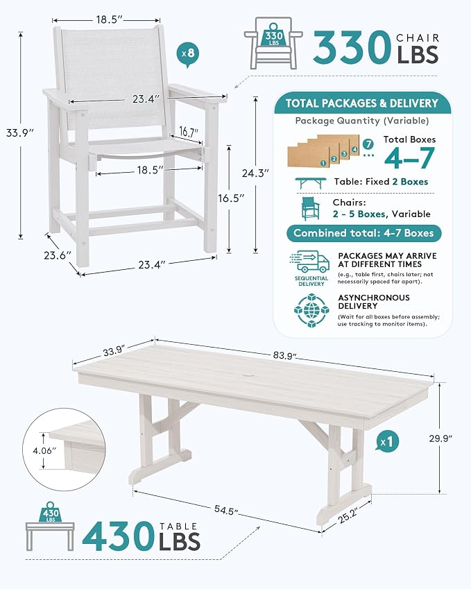 SERWALL 9 Piece 84" HDPE Outdoor Dining Set for 8 with Textilene Chairs and Umbrella Hole, White