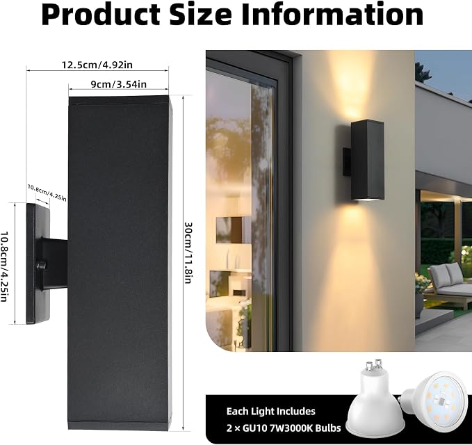 LED Outdoor Wall Sconce Lights Modern Exterior Lighting Fixtures, Matte Black Up and Down Outdoor Wall Lights for House Front Porch Garage, Warm White 3000K, 1 Pack