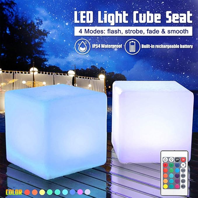 Vandue LED Cube Light | Rechargeable 16 Color Changing Light Up Stool, Ottoman, & Side Table | Indoor/Outdoor Waterproof Mood Lighting for Party, Wedding & Patio (8")