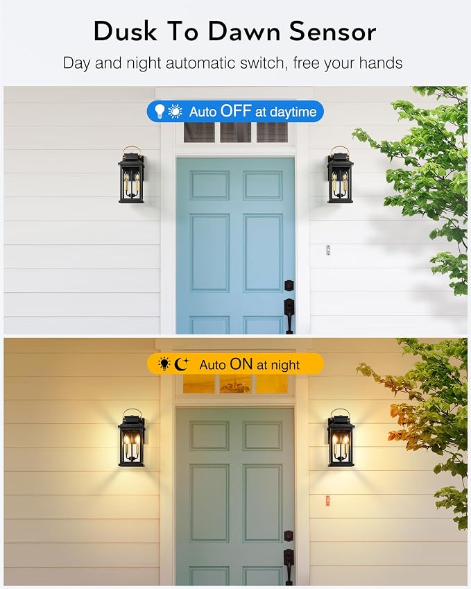 VIANIS Large Porch Lights Outdoor Dusk to Dawn, Black Gold Trim, Anti-Rust | Waterproof Exterior Lighting Fixtures Wall Mount for House, Outdoor Sconces Wall Lighting for Patio, Coach Lights for Garage