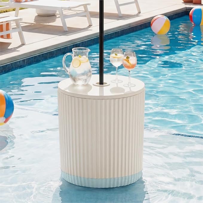 HOMPUS Umbrella Side Table, Outdoor Patio Table with Umbrella Hole, Round Patio Stand for Porch, Poolside & Garden, Composite Material, Modern Coffee End Table, Easy Assembly, White