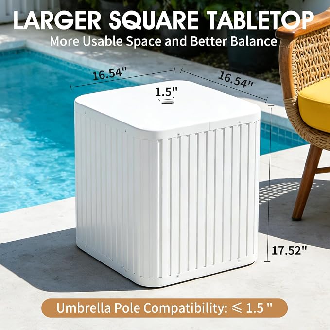 BoYata Outdoor Umbrella Side Table, 2-in-1 Outdoor Side Table with Umbrella Hole, 15.9 Gallon Fillable Umbrella Stand Base, Fit Up to 1.5" Pole, Square Patio Side Table for Poolside, Deck, Matte White