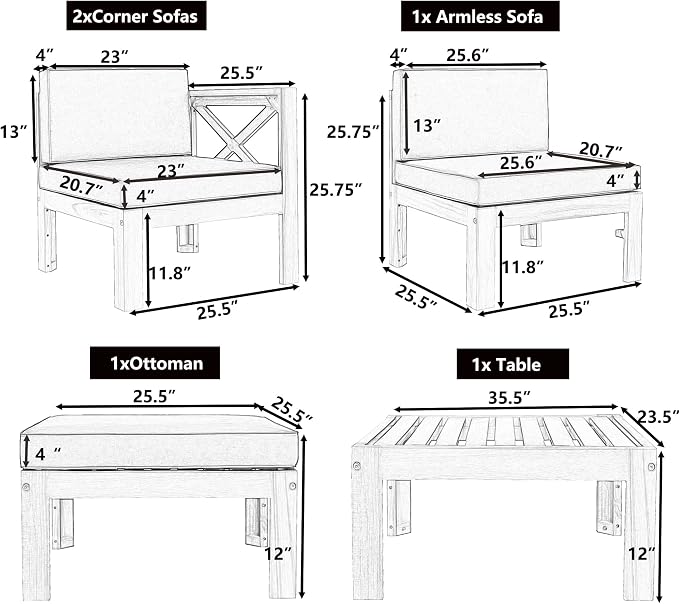 5-Piece Outdoor Backyard Patio Set, Acacia Wood Sectional Sofa Seating Group Set with Tea Table and Cushions, Conversation Furniture Set for Garden Backyard Poolside (Natural Finish+beige cushion 2)
