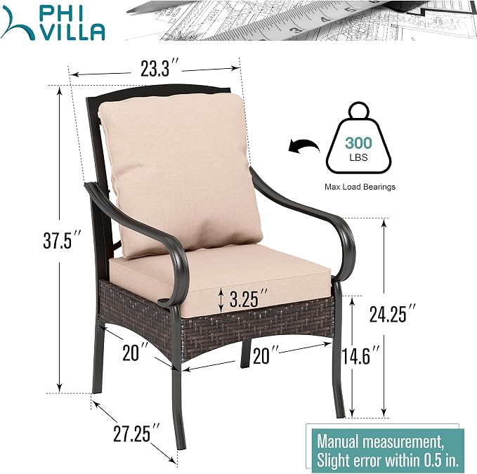 PHI VILLA Patio Dining Chairs Outdoor Wicker Chairs Set of 4 with Cushions | Heavy Duty Outdoor Metal Wicker Dining Chair with Padded Cushions, Large All Weather Wrought Iron Patio Chair for Balcony