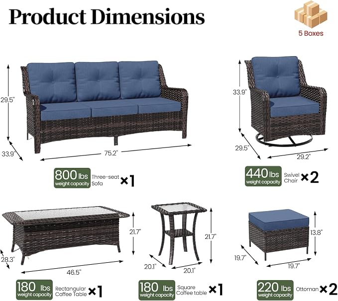 ALAULM 7 Pieces Patio Furniture Set,High Back Wicker Outdoor Sectional Furniture Set with Swivel Chairs & Coffee Table, Patio Conversation Set Thick Cushion for Backyard, Deck, Porch-Navy