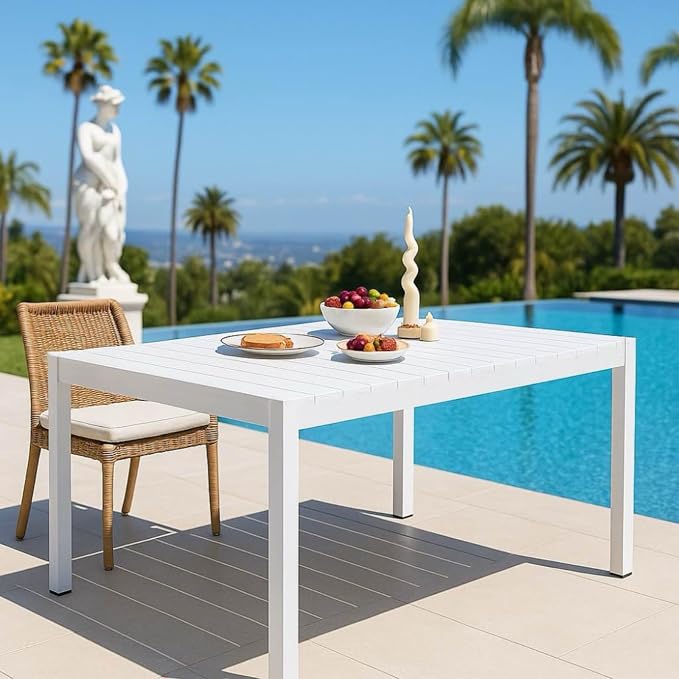 55 Inch White Modern Long Table, Indoor Outdoor Multi-Purpose Dining Table, Lightweight PP Tabletop with Metal Legs for Kitchen, Courtyard, Terrace Gatherings, Patio, Garden