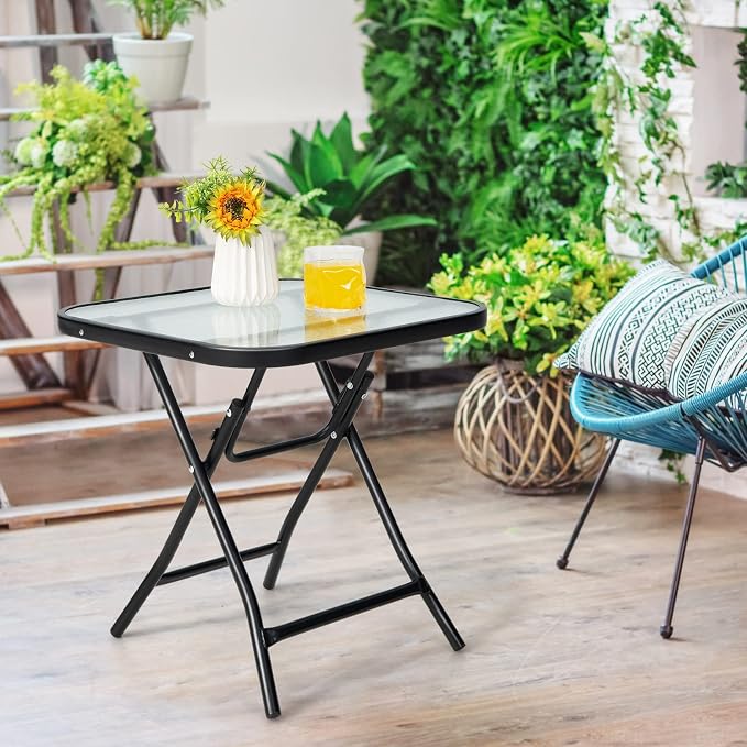 Tangkula Patio Bistro Table, 18" Square Glass Top Side Table with Rustproof Frame, Folding Coffee Table for Patio, Balcony, Backyard, Poolside(Black)
