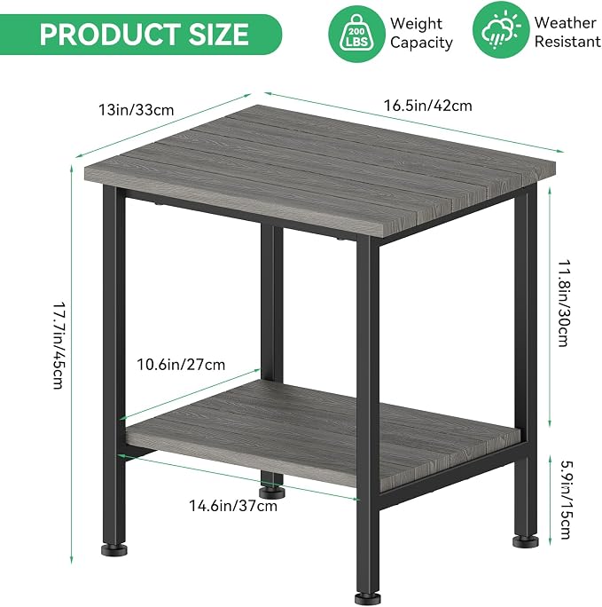 Outdoor Side Table Patio Table Small with Storage, Grey | 2-Tier Outdoor End Table, Weather Resistant, Easy Maintenance, for Patio, Pool, Beach, Porch, Deck, Indoor or Outdoor
