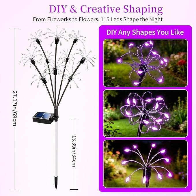 Solar Garden Lights Outdoor, 4 Pack 2-Layer Purple Solar Firework Lights | Purple Halloween Decoration, Waterproof Starburst Fairy Light Garden Decor for Christmas Yard Patio Pathway Lawn