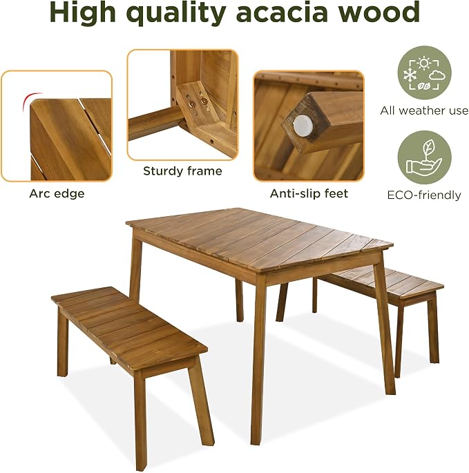 RUNNA 3 Pieces Acacia Wood Table Bench Dining Set for Outdoor & Indoor Furniture with 2 Benches, Picnic Beer Table for Patio, Porch, Garden, Poolside