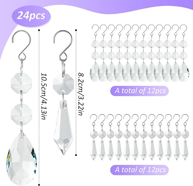 24pcs Crystal Sun Catcher Hanging Clear Teardrops Crystals Chandelier Parts | Crystal Sun Catcher, 38mm Hanging Crystal, Chandelier Parts, Prism Pendants with Hook, Crystal Christmas Ornaments Home Decor
