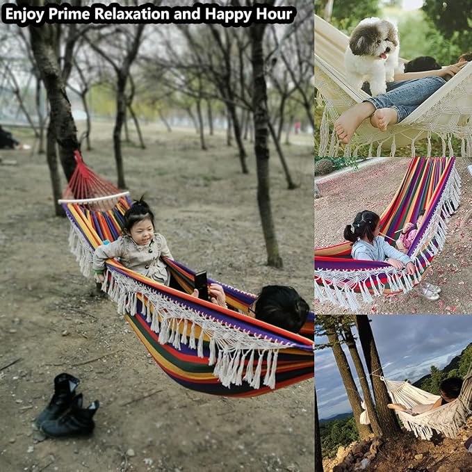 Cotton Canvas Tassel Hammock, Double Boho Hammocks with Macrame Fringe, Portable Camping Indoor Outdoor Garden Hammock Swing with Travel Bag, 150kg Load Capacity White