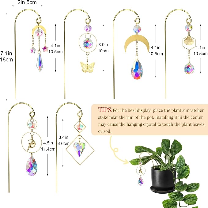 6pcs Crystal Suncatchers with Gold Small Trellis for Mini Potted Plants | Indoor Plant Accessories,7'' Garden Stakes Sun Catchers For Home Whimsical Decor,Christmas Gift for Gardening Enthusiasts