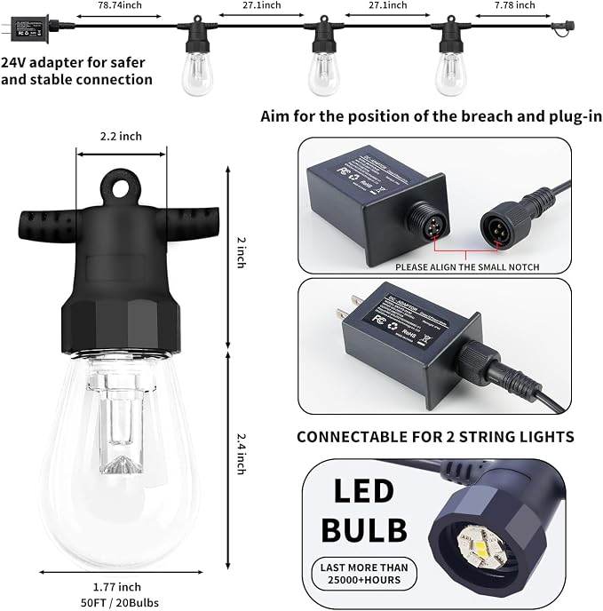 CAWWS Outdoor String Lights 50FT, Color Changing Patio Lights, Waterproof | 20 Shatterproof LED Bulbs, Multicolor & Warm White, Dimmable, IP67 Waterproof, APP & Remote, Custom Colors, 24V Low Voltage