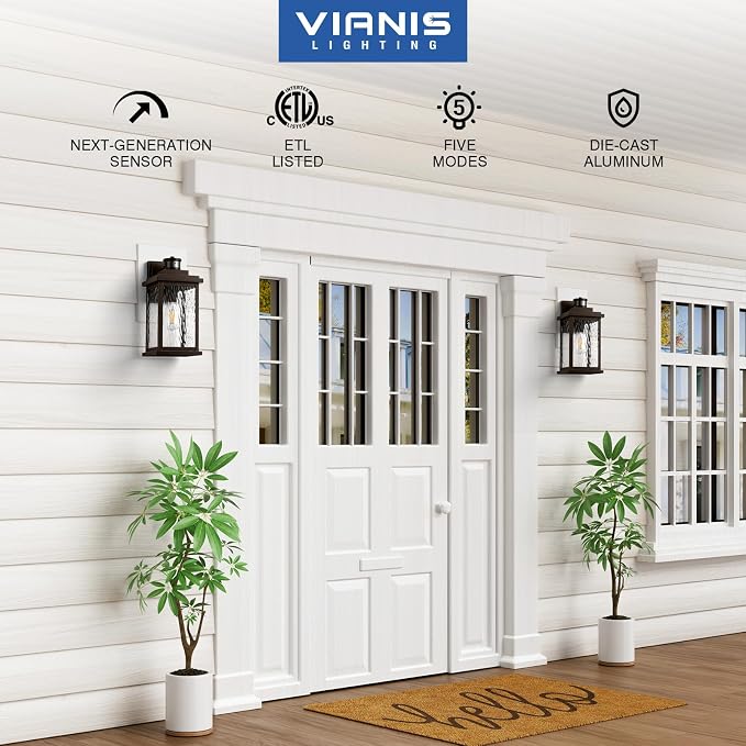 VIANIS Large Adjustable-Sensitivity Motion Sensor Outdoor Lights, Oil-Rubbed Bronze Porch Light with Tempered Ripple Glass, Aluminum Waterproof Outdoor Light Fixture, Exterior Lights for Garage