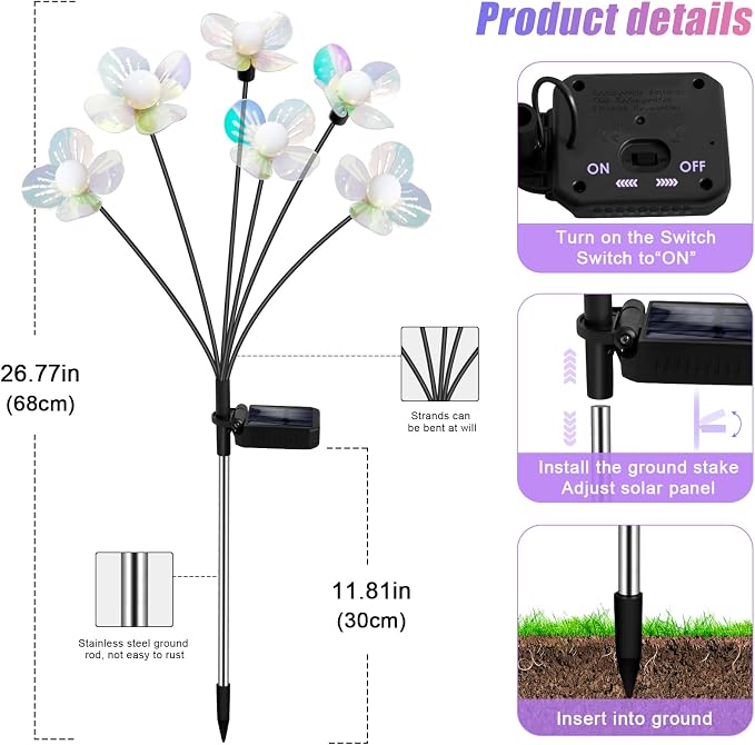 Solar Garden Lights Flowers 4 Pack of 24 LEDs Swaying Firefly Garden Decor | Swaying Flowers Solar Lights Outdoor for Yard Pathway Patio, Swaying Lawn Decor as Gardening Gifts for Women Christmas decor